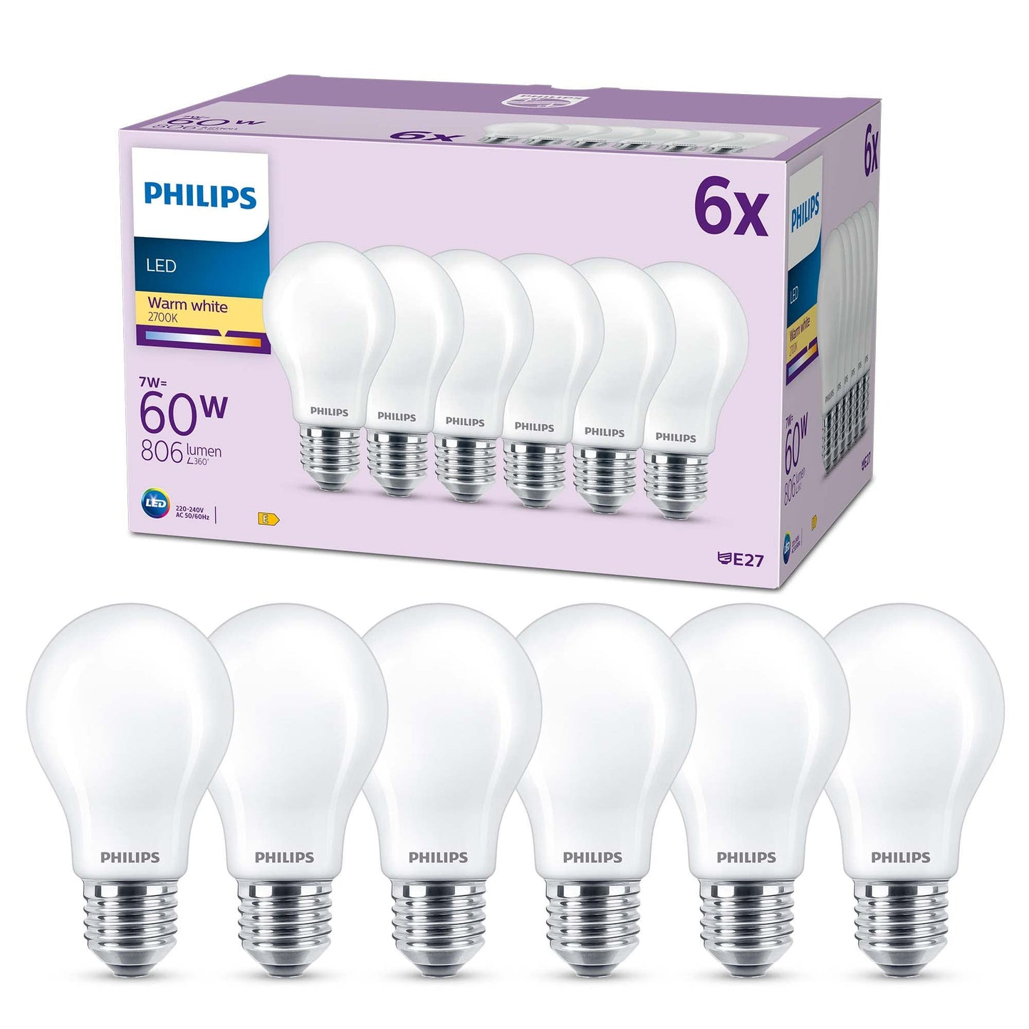 Philips Classic LED E27 Lampe, 60W, matt, warmweiß, nicht dimmbar, 6er Pack