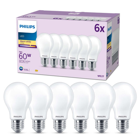 Philips Classic LED E27 Lampe, 60W, matt, warmweiß, nicht dimmbar, 6er Pack